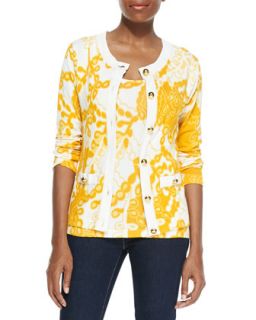 Womens Printed Cardigan with Golden Buttons, Petite   Michael Simon   Yellow