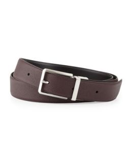 Mens Textured Belt with Faceted Buckle, Brown   Alfred Dunhill   Red