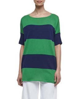 Womens Striped Boxy Sweater, Navy/Emerald   Joan Vass   Navy/Emerald (2