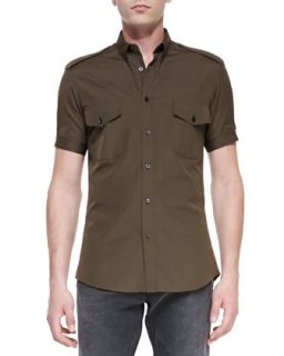 Mens Short Sleeve Military Shirt, Olive Green   Alexander McQueen   Olive