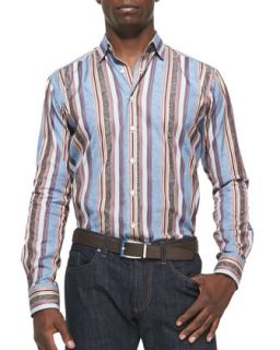 Mens Stripe with Tonal Paisley Sport Shirt, Blue/Burgundy   Etro  