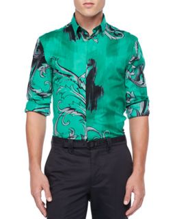 Mens Baroque Print Long Sleeve Shirt, Green   Versace Collection   Multi (41)