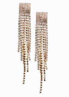 Crystal Pave Triangle with Long Tassels Post Drop Earrings/rhinestone Fringe Drop Earrings (Gold) Jewelry