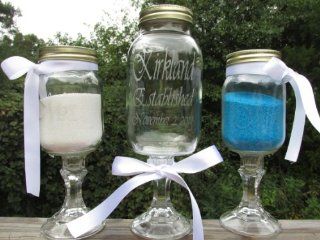 3 Piece Unity Sand Set / Etched Glass Mason Jars / Toasting Glasses / Personalized / "Mr." and "Mrs." Established  Unity Candles  