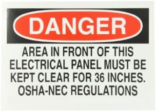 Brady 116005 10" Width x 7" Height B 586 Paper, Red And Black On White Color Sustainable Safety Sign, Legend "Danger Area In Front Of This Electrical Panel Must Be Kept Clear For 36 Inches OSHA NEC Regulations" Industrial Warning Signs