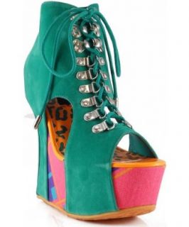 Dollhouse Influence Cutout Lace Up Graphic Heel Less Wedge Bootie Boots SEA GREEN (7.5) Shoes