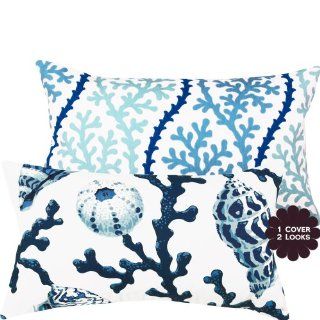 Vitamin Sea Collection   Couch / Bed Toss Lumbar Pillow Cover  Coral, Shells, Ocean and Sea   Blue, Cream and Off White Hues   1 Cover, 2 Looks   Throw Pillow Covers