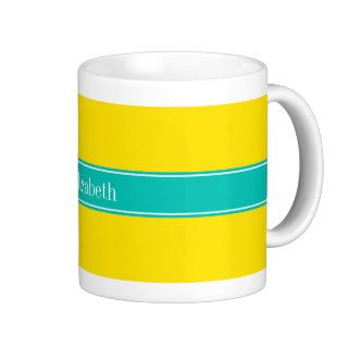 Solid Yellow, Teal Ribbon Name Monogram Coffee Mug
