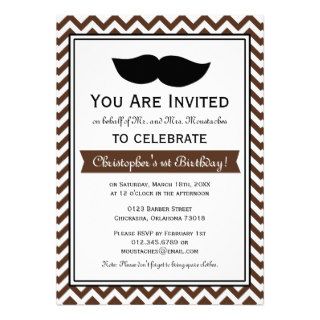Brown Boy Moustache Chevron Birthday Party Personalized Invites