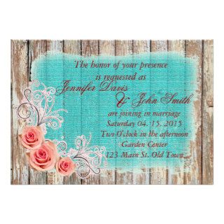 Rustic Pink Rose Turquoise Burlap Wedding Invite