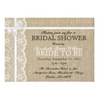 White Lace & White Bow, On Burlap Bridal Shower Custom Invitation