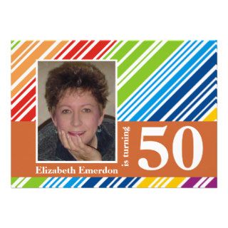 Colorful striped pattern 50th birthday photo personalized announcements
