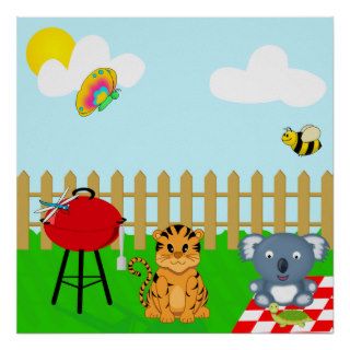 Cute and Colorful Back Yard BBQ Cartoon Animals Print