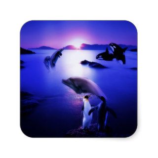Whales dolphins penguins ocean sunset stickers