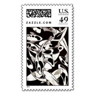 Woodblock print of KOI Black & White Postage Stamps