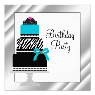 Teal Blue Zebra Cake Cupcake Birthday Party Announcements