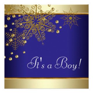 Winter Gold Blue Snowflakes Baby Boy Shower Invite
