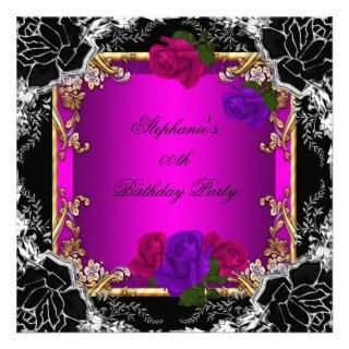 Gold Purple Pink Rose Birthday Party Black Custom Invitation