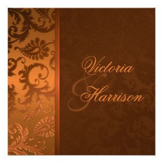 Copper and Brown Damask Wedding Invitation