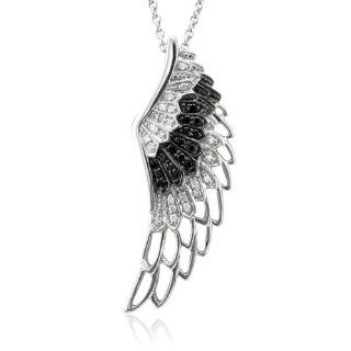 Sterling Silver Angel Feather Wing BLACK and WHITE Diamond Pendant Necklace (HI, I1 I2, 0.25 carat) Jewelry