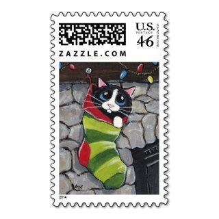 Tuxedo Cat in a Christmas Stocking Art Postage
