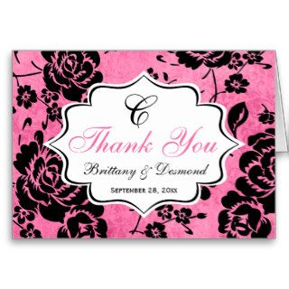 Pink Black White Floral Damask Thank You Card Card