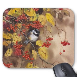 "Bird on Branch with Berries Poster Print" Mouse Pads
