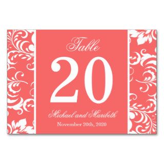 Damask Sides Table Numbers (Coral / White) Table Card