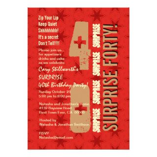 SURPRISE 40th Modern Birthday Red Tan Stars H312 Personalized Announcement