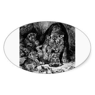 Mother Tiger and Cubs Play   Vintage Wood Engravin Stickers