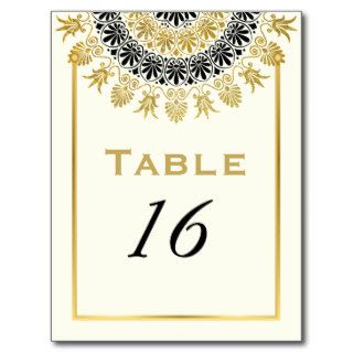 Black, gold Greek ornament wedding table number Post Cards