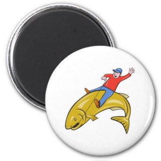 Fly Fisherman Riding Jumping Trout Fish Cartoon Magnet