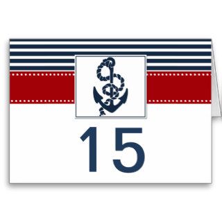 navy stripes, anchor nautical wedding table number greeting card