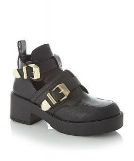 Black Chunky Cut Out Buckle Ankle Boots