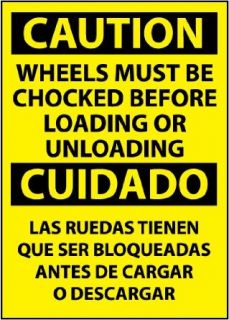 NMC ESC70PC Bilingual OSHA Sign, Legend "CAUTION   WHEELS MUST BE CHOCKED BEFORE LOADING OR UNLOADING", 14" Length x 20" Height, Pressure Sensitive Vinyl, Black On Yellow Industrial Warning Signs