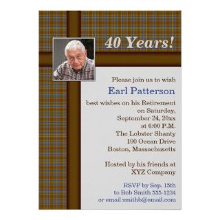 Brown Plaid, Blue and Silver Retirement Invitation