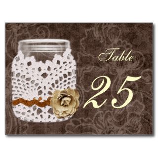 doily wrap rustic mason jar wedding table numbers post cards
