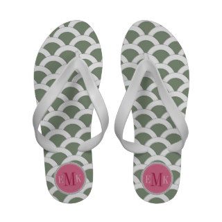 Loden Green Scalloped Shells Pink Monogram Flip Flops