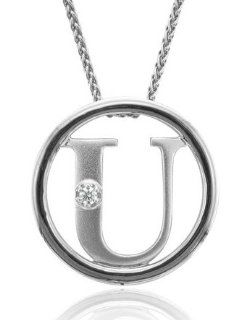 Sterling Silver Alphabet Initial Letter U Diamond Pendant Necklace (HI, I1 I2, 0.05 carat) Diamond Delight Jewelry