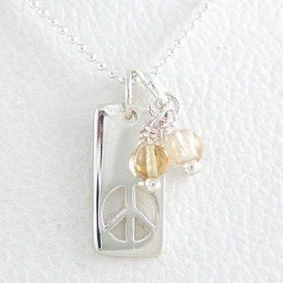 Rectangular Peace Tag with Cut Out Design in Sterling Silver with Citrine Gemstone Beads on an 18" Sterling Bead Chain, #8348 Pendant Necklaces Jewelry