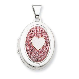 Sterling Silver 21mm Oval Single Heart Plain Light Rose Crystal Locket Jewelry