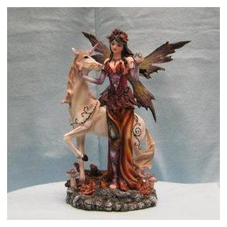 Fairy in Dark Red Dress with White Unicorn Figurine   Collectible Figurines
