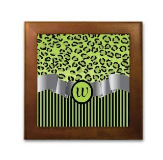 Rikki KnightTM Letter "W" Initial Lime Green Leopard Print and Stripes Monogrammed Art Framed Tile 8" x 8"   Decorative Hanging Ornaments