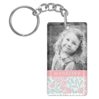 Mint Coral Floral Damask Personalized Photo Acrylic Keychains