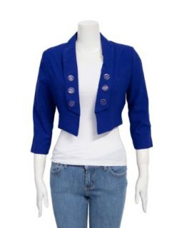 Royal Blue Ladies Cropped Military Style Decorative Button 3/4 Sleeve Blazer