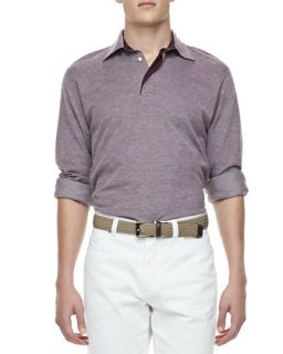 Mens Melange Knit Long Sleeve Polo, Purple   Ermenegildo Zegna   Purple (XL)