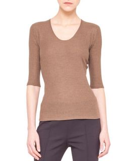 Womens Ribbed Knit Elbow Sleeve Top   Akris   Taupe (34/4)