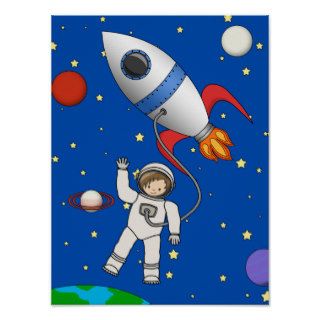 Cute Space Walk Astronaut and Rocketship Print