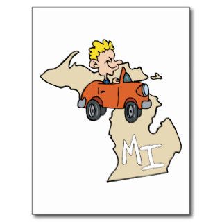 Michigan MI Map & Car Cartoon Art Motto Post Card