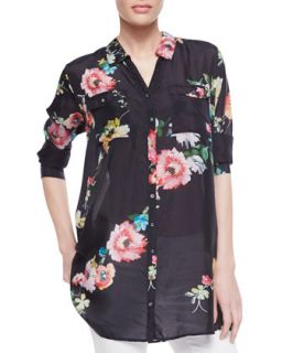 Womens Silk Floral Print Patch Pocket Shirt   Johnny Was Collection   Multi